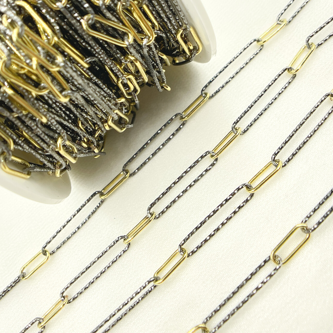 925 Sterling Silver Oxidized, Gold Plated Paperclip Smooth Link & Diamond Cut Link Chain. V3GB2