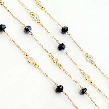 Coated Black Spinel Rondel Shape & White Topaz Gold Plated Connected Wire Chain.