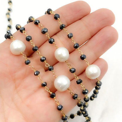 Coated Black Spinel & Pearl Gold Plated Wire Chain