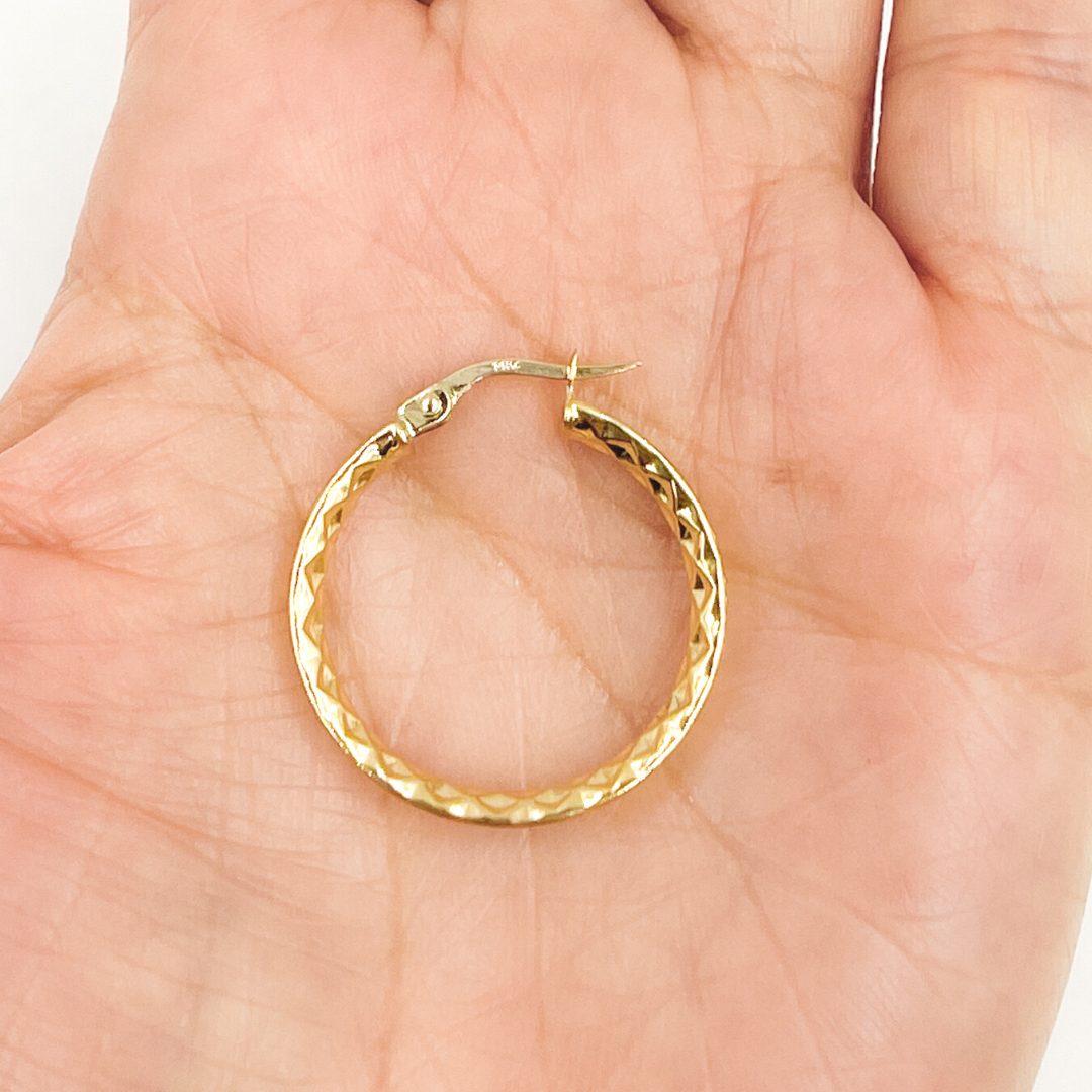 14K Solid Gold Diamond Cut Hoop Earrings with Texture.