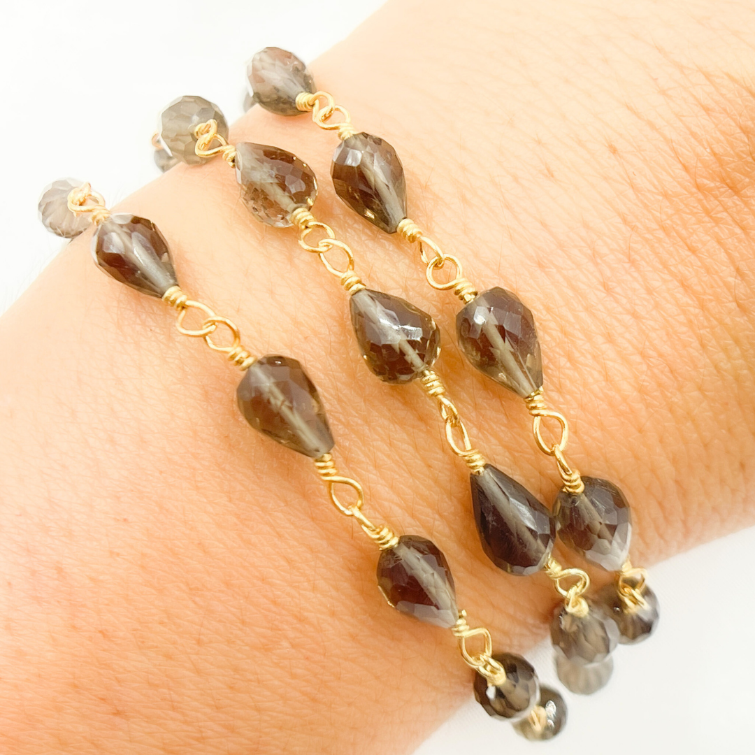 Smoky Quartz Tear Drop Shape Gold Plated Wire Chain