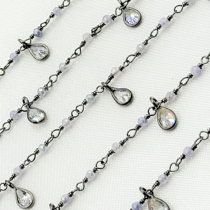 Coated Blue Quartz & CZ Dangle Oxidized Wire Chain.