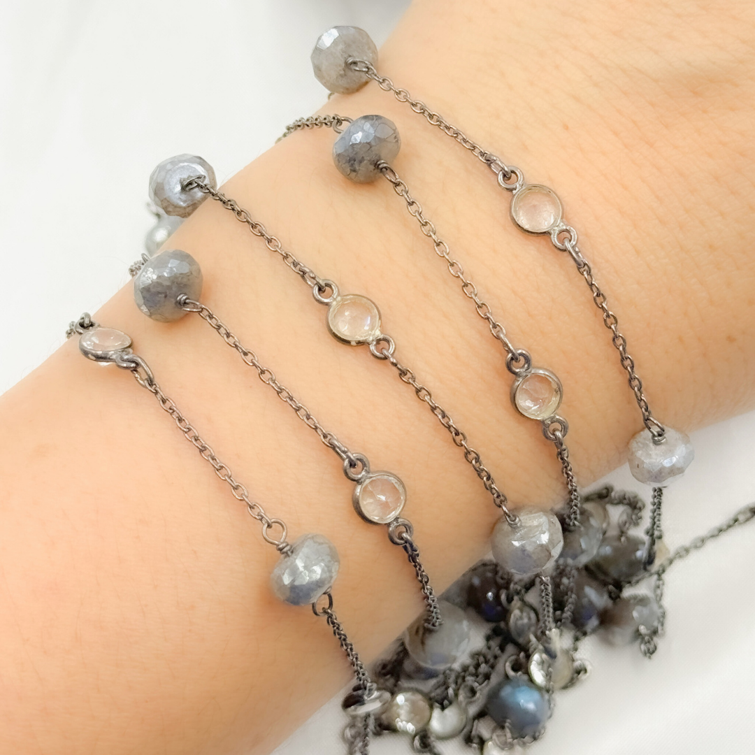 Coated Labradorite & White Topaz Oxidized Connected Wire Chain.