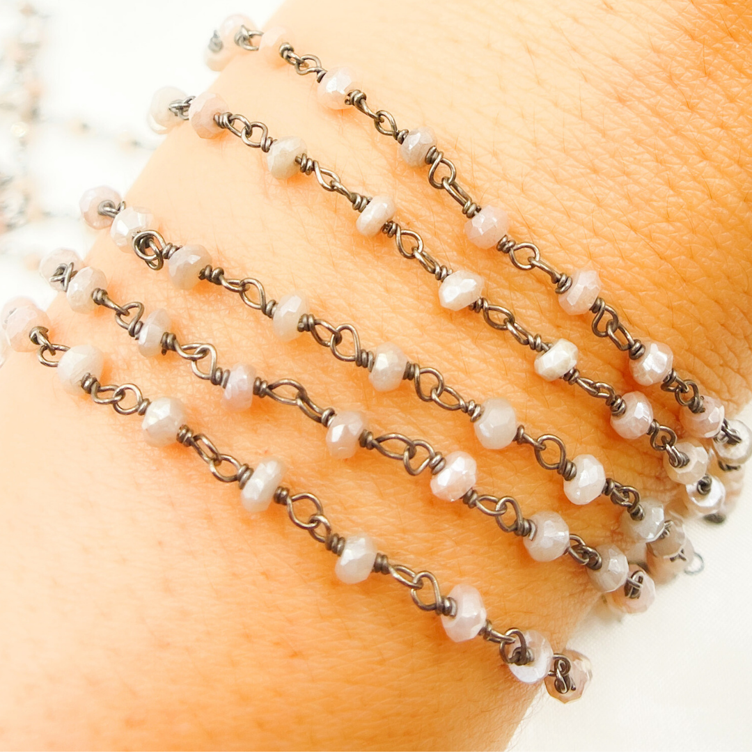 Coated Siloni Peach Moonstone 925 Sterling Silver Wire Chain.