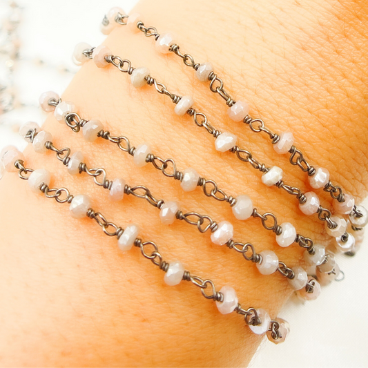 Coated Siloni Peach Moonstone 925 Sterling Silver Wire Chain.