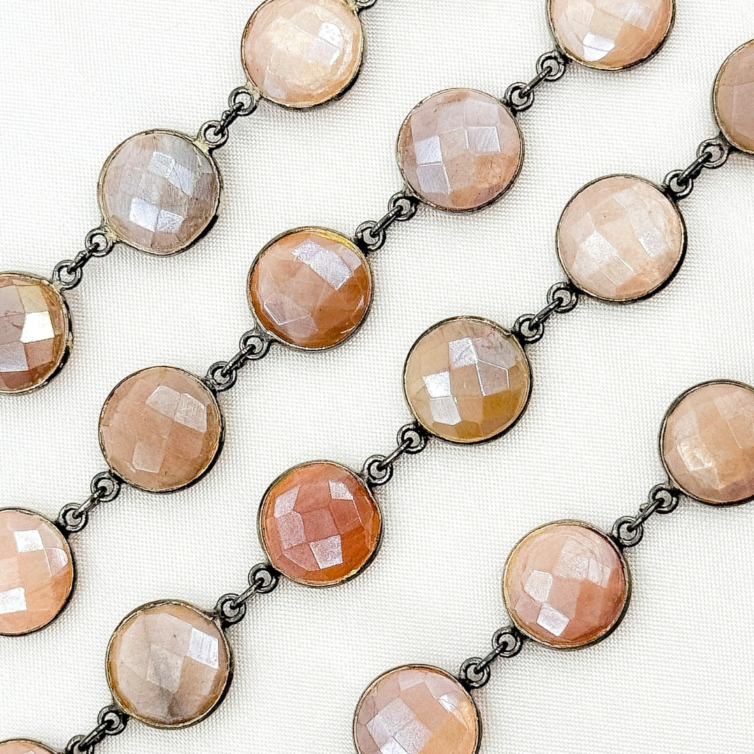 Coated Peach Moonstone Round Shape Bezel Oxidized Wire Chain