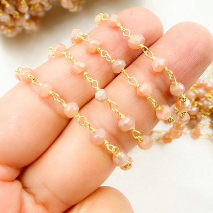 Coated Peach Moonstone Gold Plated Wire Chain