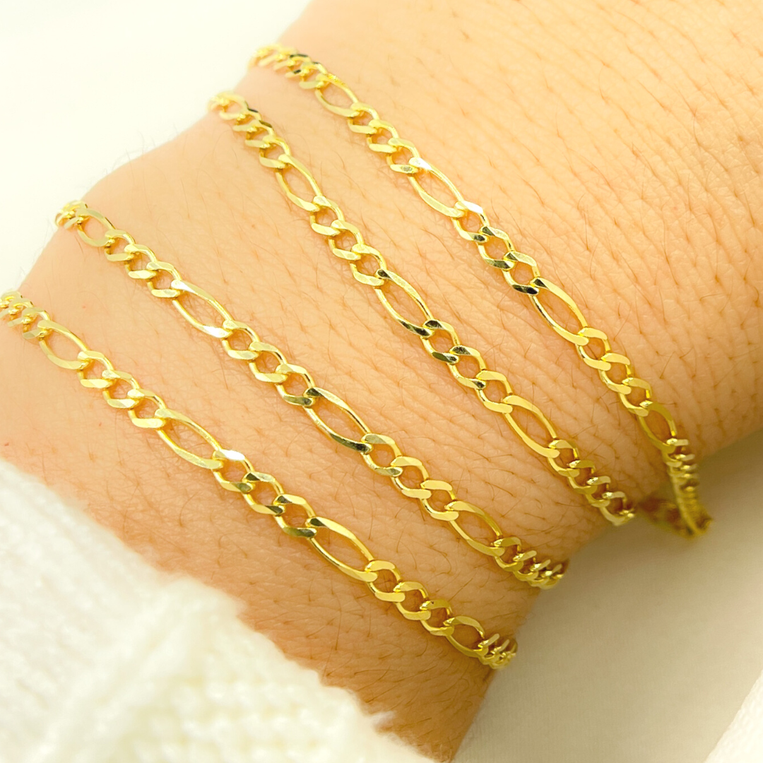 14K Solid Yellow Gold Flat Figaro Chain by Foot