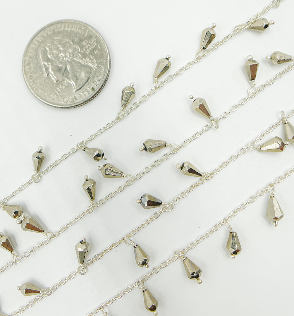 Steel Pyrite Drop Dangle 925 Sterling Silver Wire Chain. PYR24