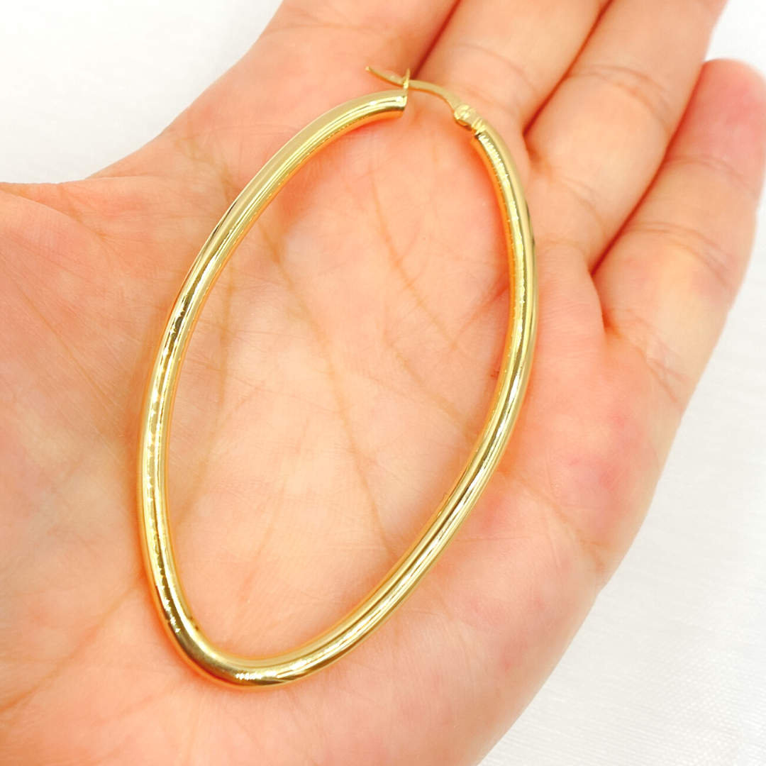 14K Solid Gold Hollow Oval Hoop