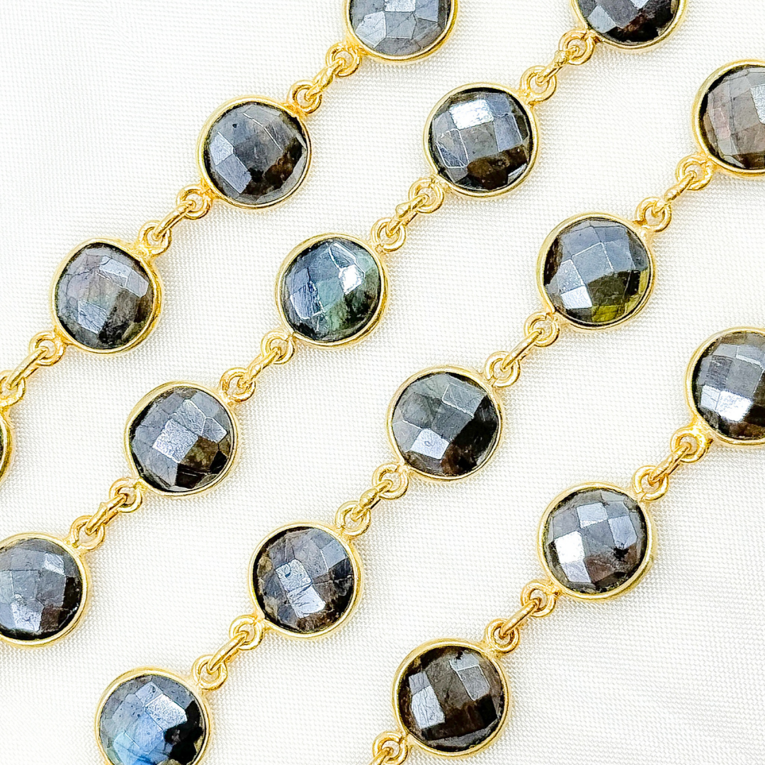 Coated Labradorite Round Shape Bezel Gold Plated Wire Chain.