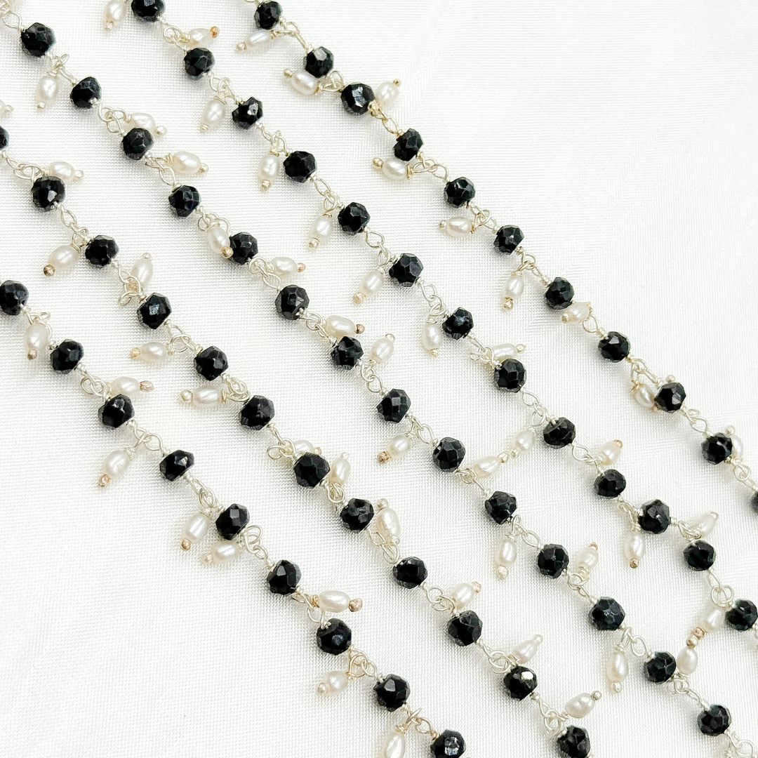 Black Spinel & Pearl Dangle 925 Sterling Silver Wire Chain.
