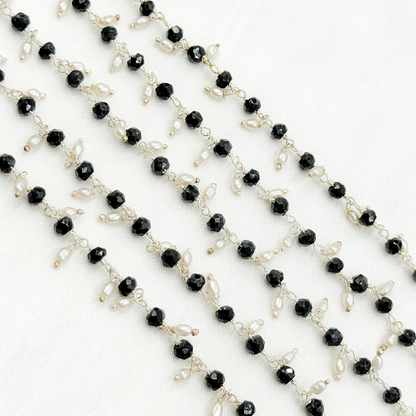 Black Spinel & Pearl Dangle 925 Sterling Silver Wire Chain.