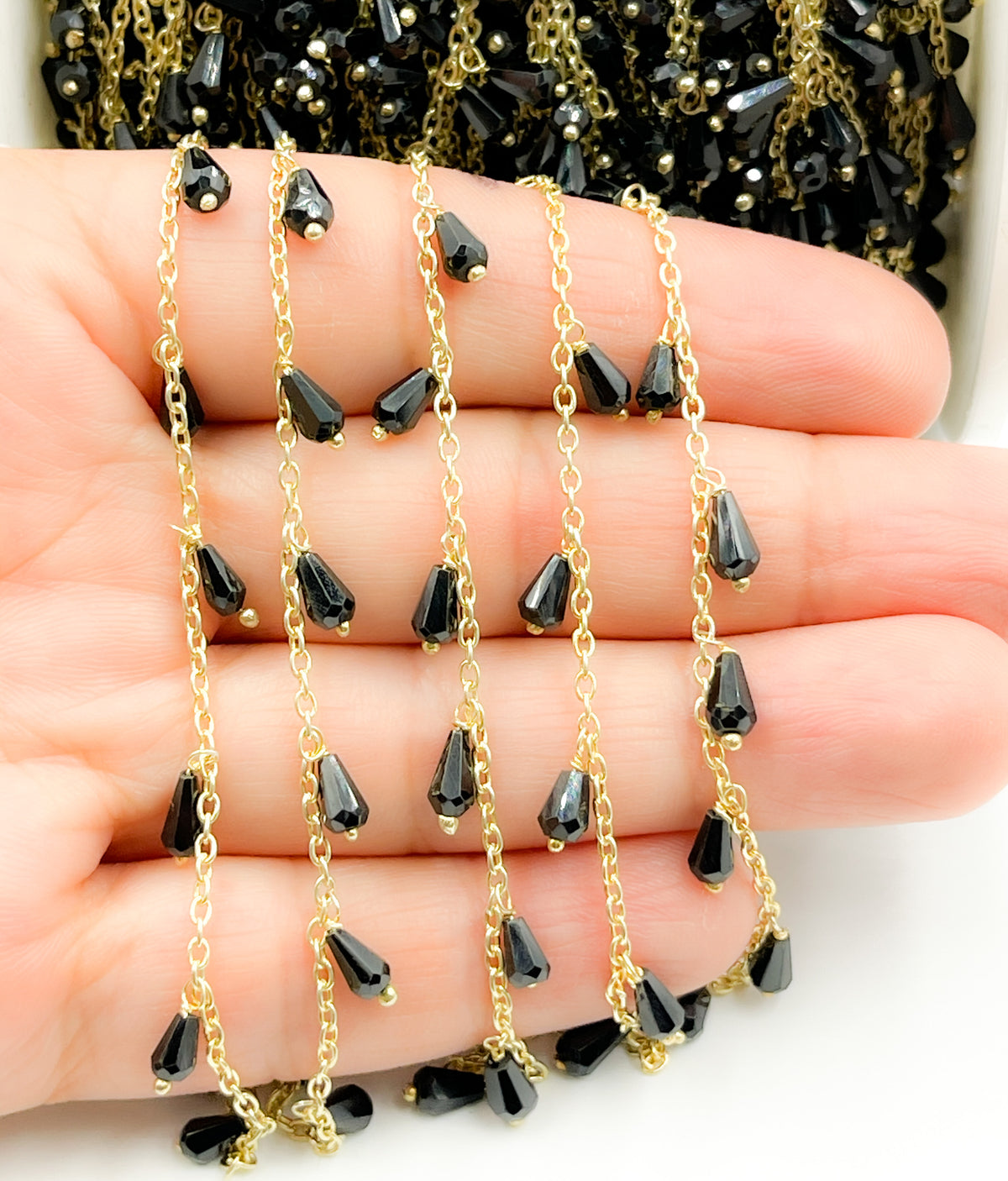 Black Spinel Drop Dangle Gold Plated Wire Chain