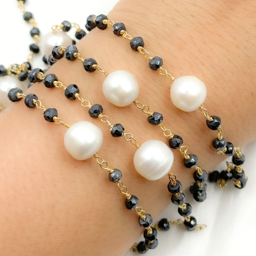 Coated Black Spinel & Pearl Gold Plated Wire Chain