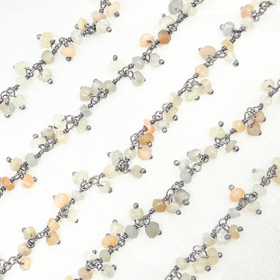 Multi Moonstone Cluster Dangle Oxidized Wire Chain