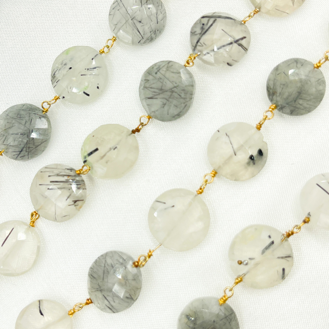 Black Rutile Coin Shape Gold Plated Wire Chain