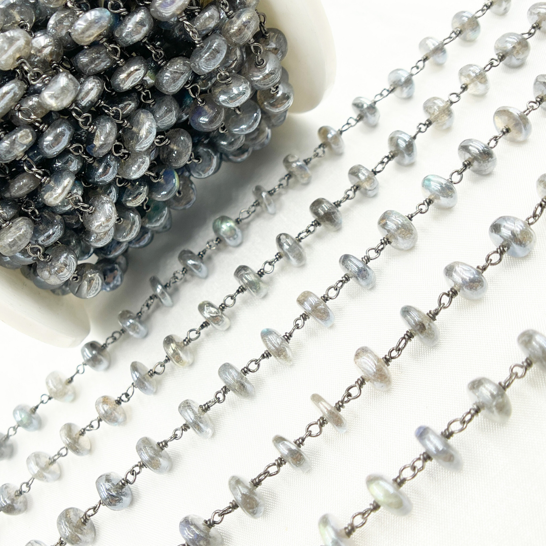 Coated Labradorite Rondel Smooth Oxidized Wire Chain
