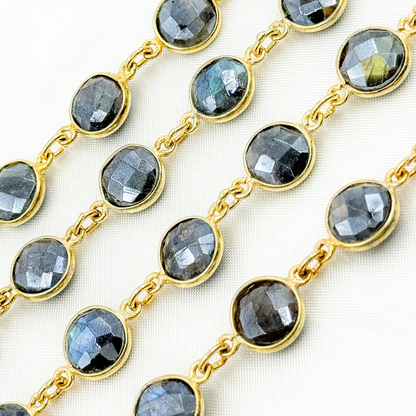 Coated Labradorite Round Shape Bezel Gold Plated Wire Chain.