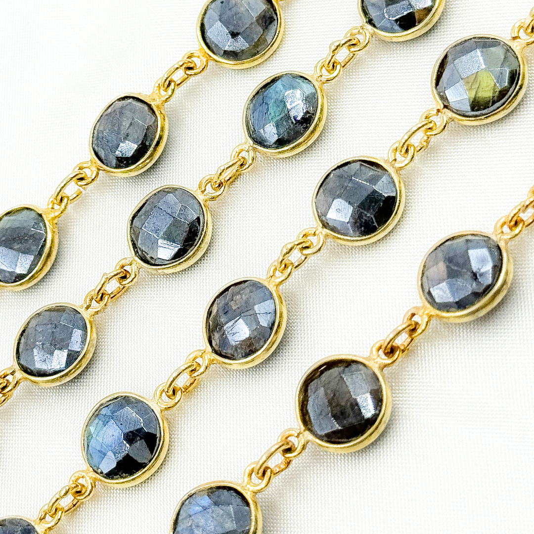 Coated Labradorite Round Shape Bezel Gold Plated Wire Chain. LAB113
