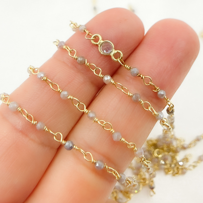 Coated Multi Moonstone & CZ Gold Plated Wire Chain
