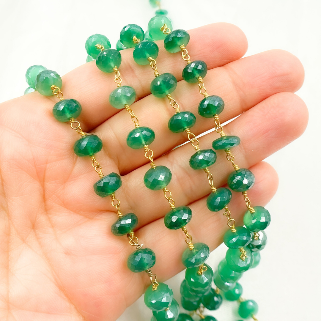 Coated Green Onyx Rondel Faceted Gold Plated Wire Chain