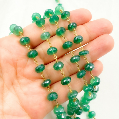 Coated Green Onyx Rondel Faceted Gold Plated Wire Chain
