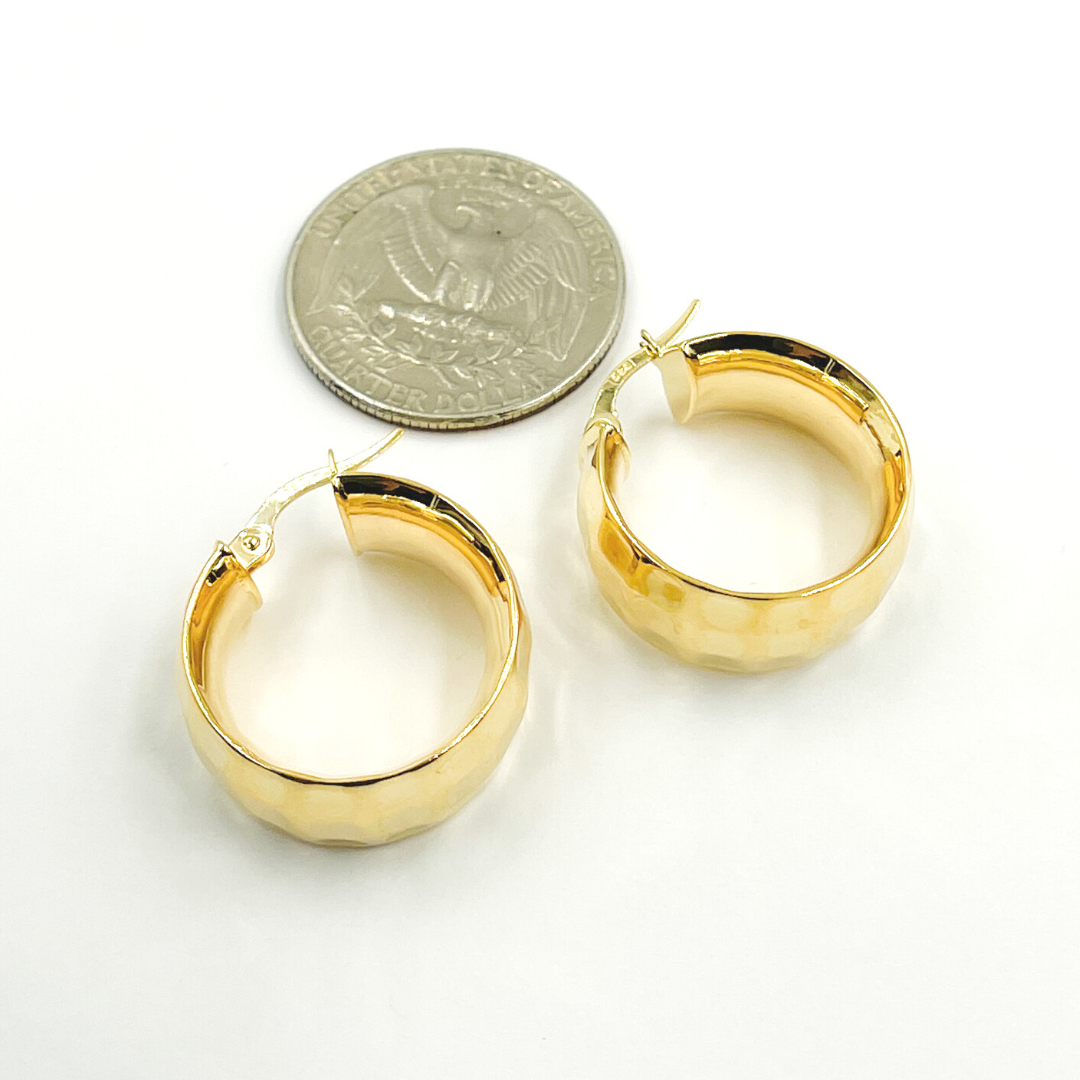 GER88. 14K Solid Gold Hammered Hoop Earrings