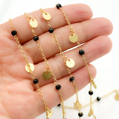 Black Spinel and Dangle Disc Gold Plated Wire Chain