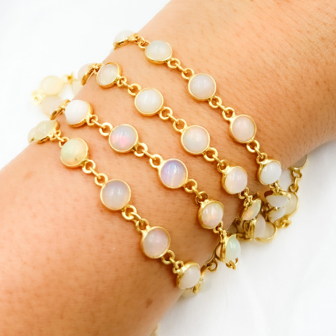 Ethiopian Opal Round Shape Bezel Gold Plated Wire Chain