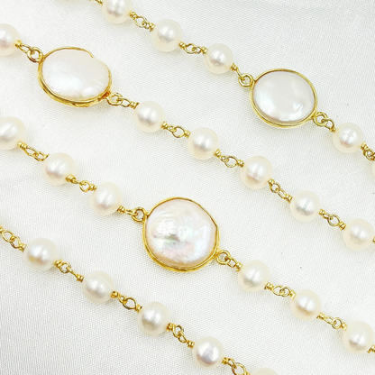 White Freshwater Pearl Organic and Bezel Round Shape Wire Wrap Chain