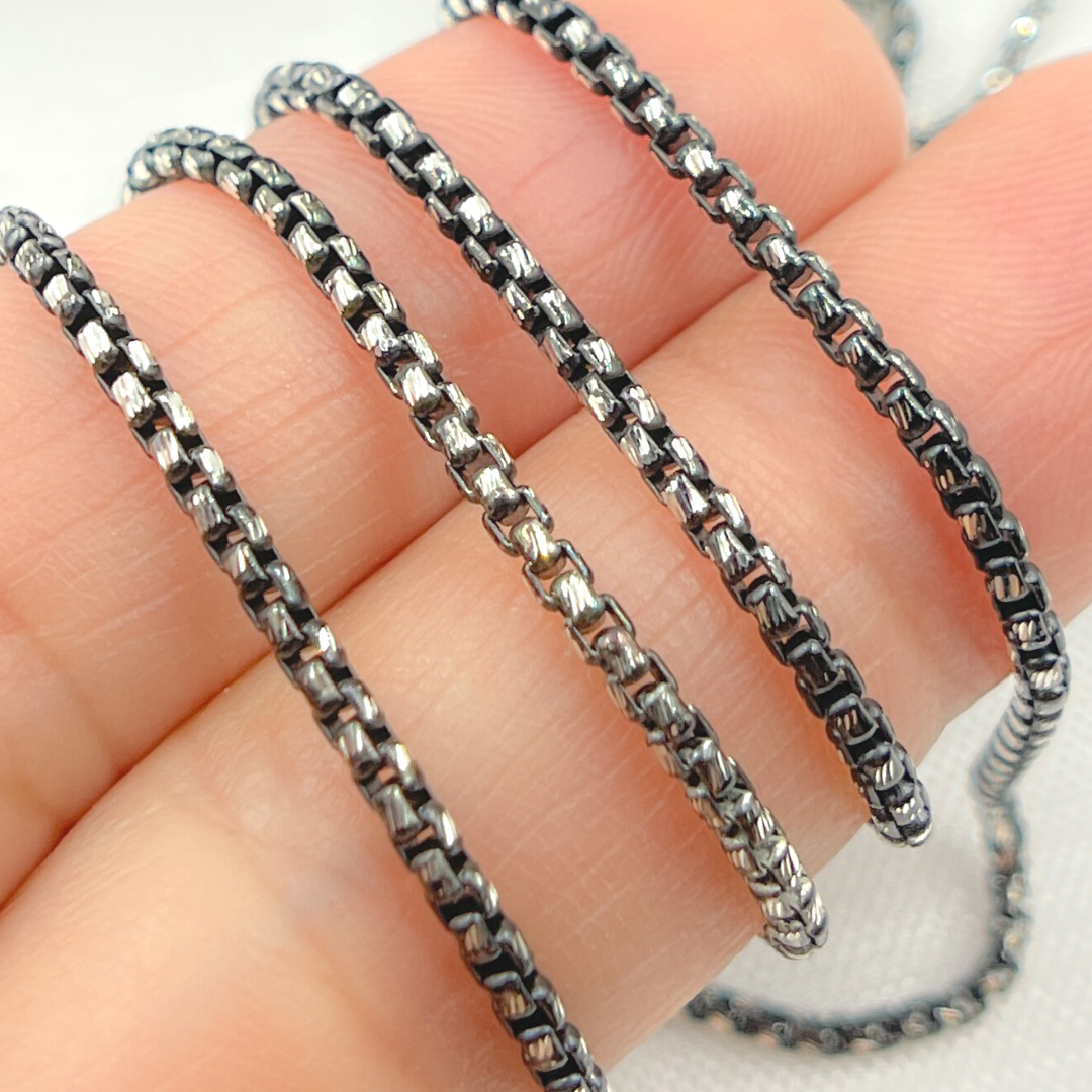 Black Rhodium & White 925 Sterling Silver Diamond Cut Box Chain. X9ND