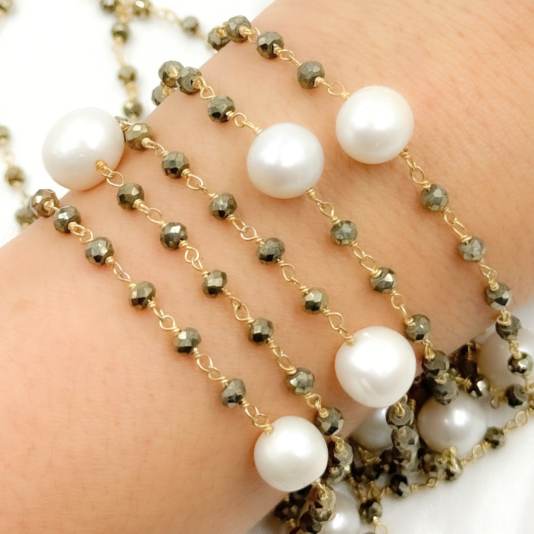 Pyrite & Pearl Gold Plated 925 Sterling Silver Wire Chain