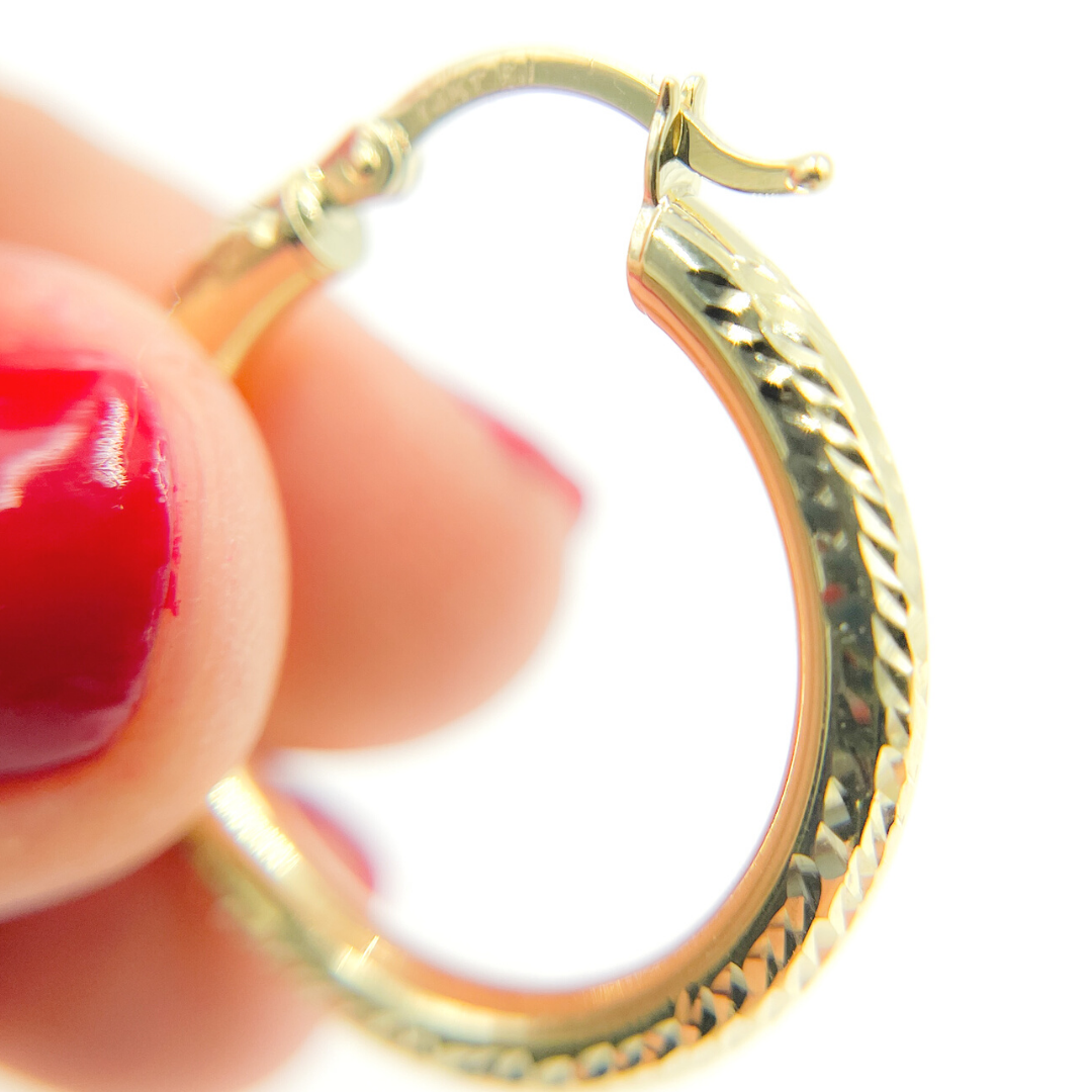 14K Gold Hoop Earrings with Engraved Tornado Design. 