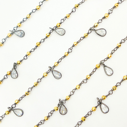 Golden Pyrite & CZ Dangle Oxidized Wire Chain