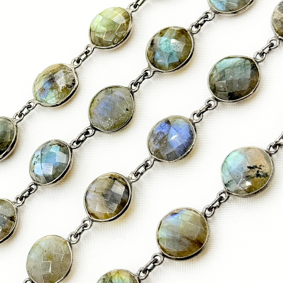 Labradorite Round Shape Bezel Oxidized Wire Chain. LAB115