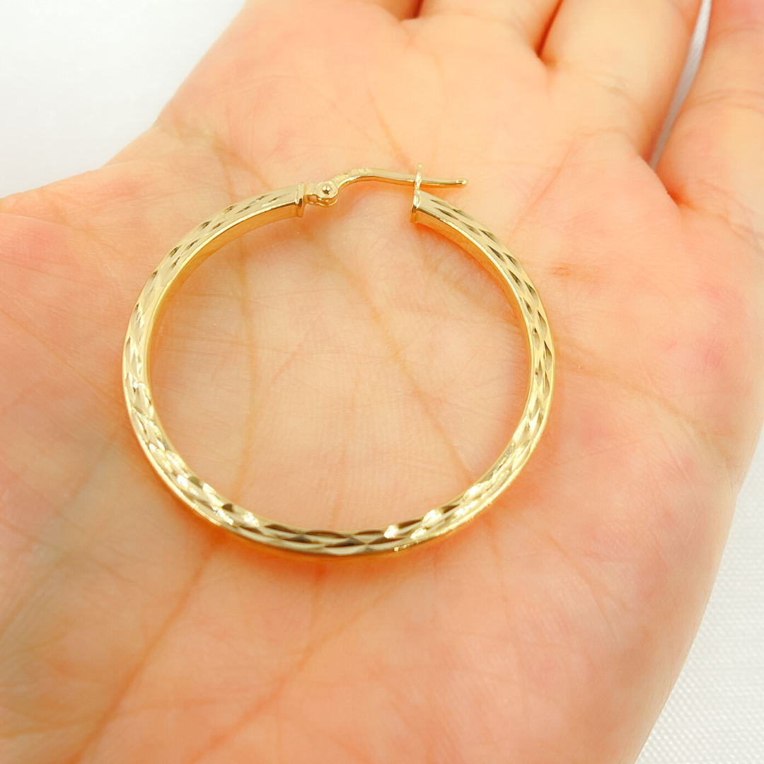 14K Solid Gold Hollow Flat Diamond Cut Hoop