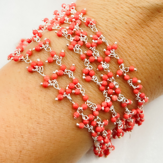 Red Coral Cluster Dangle 925 Sterling Silver Wire Chain