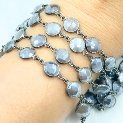 Coated Grey Moonstone Round Shape Bezel Oxidized Wire Chain.