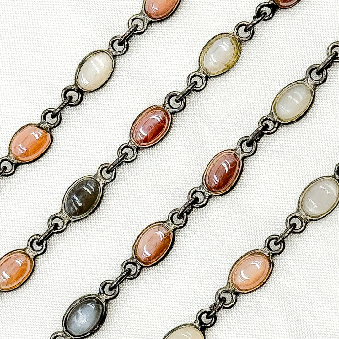 Coated Multi Moonstone Oval Shape Bezel Oxidized Wire Chain.