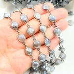 Load image into Gallery viewer, Coated Grey Moonstone Round Shape Bezel Oxidized Wire Chain. CMS104

