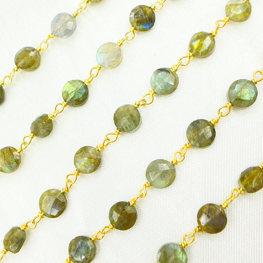 Labradorite Coin Shape Gold Plated Wire Chain