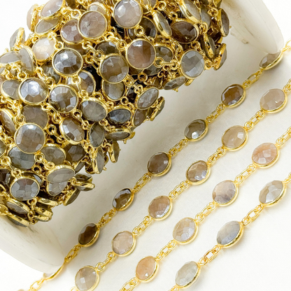 Coated Light Grey Moonstone Round Shape Bezel Gold Plated Wire Chain.