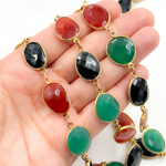 Load image into Gallery viewer, Green, Black and Red Onyx Organic Shape Bezel Gold Plated Wire Chain. MMS26
