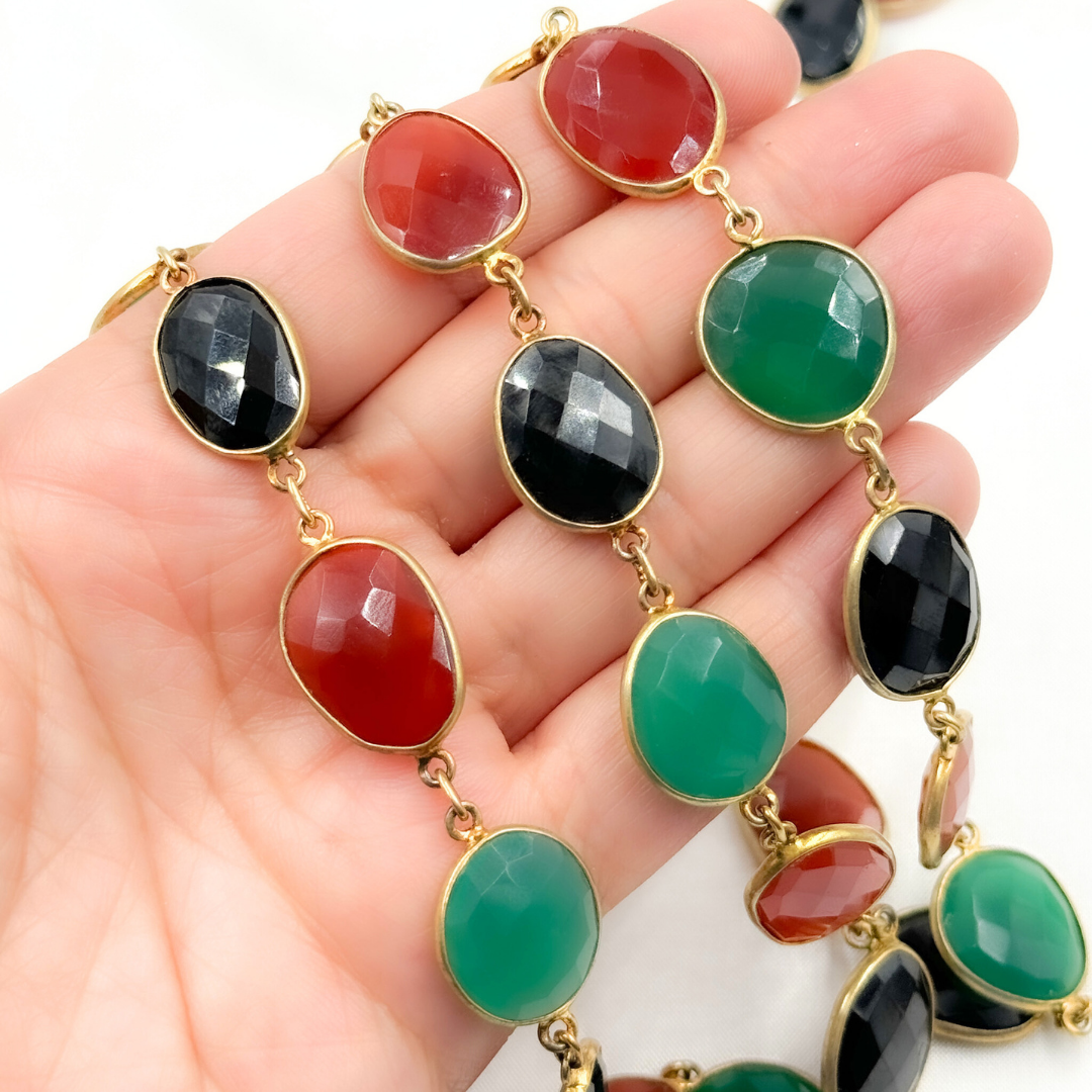 Green, Black and Red Onyx Organic Shape Bezel Gold Plated Wire Chain. MMS26