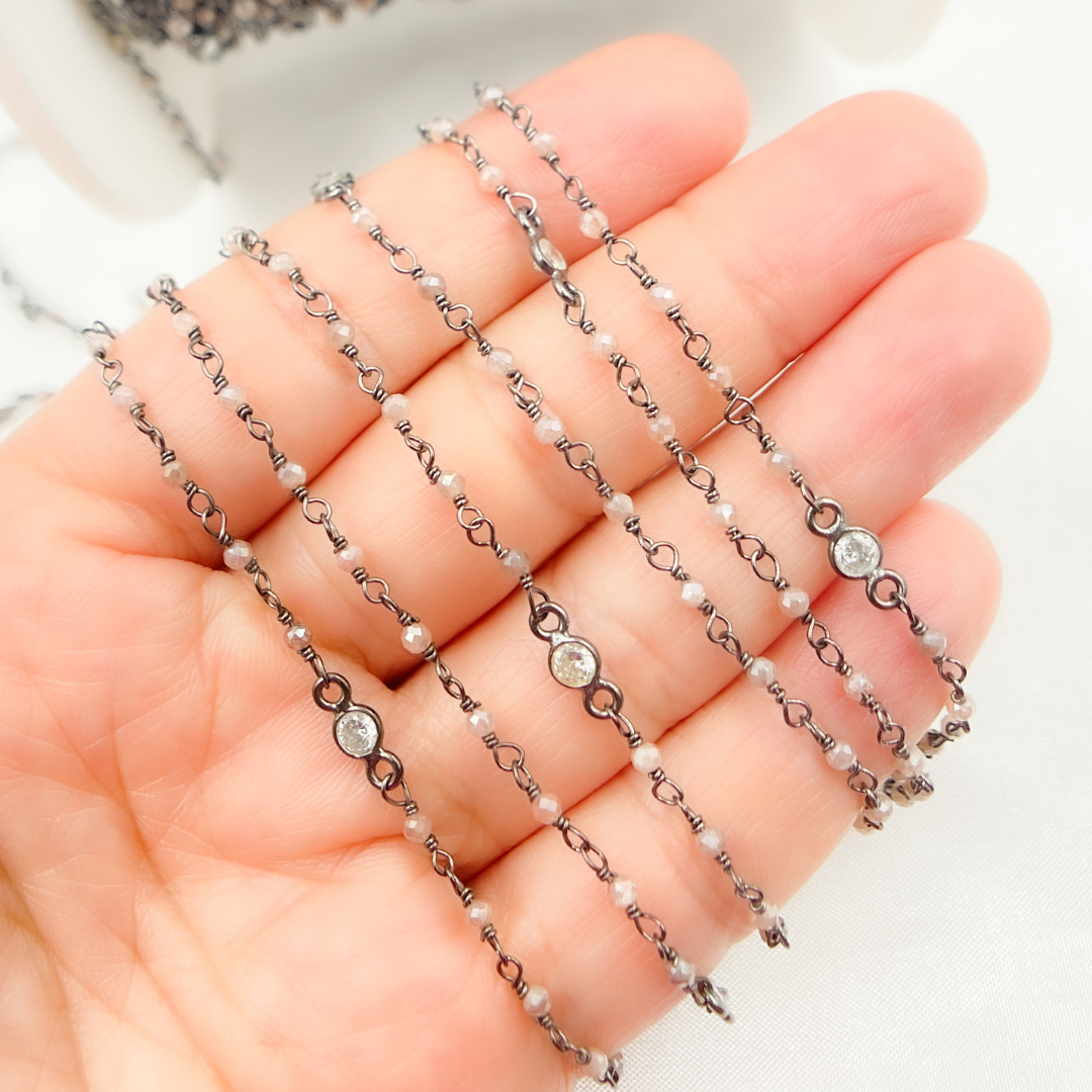 Coated Peach Moonstone & CZ Oxidized Wire Chain.