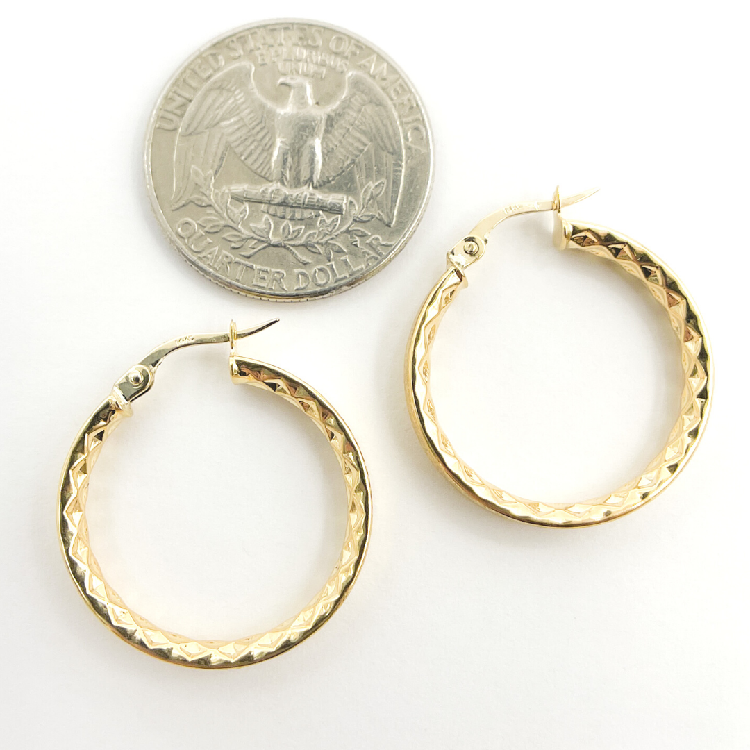 14K Solid Gold Diamond Cut Hoop Earrings with Texture.