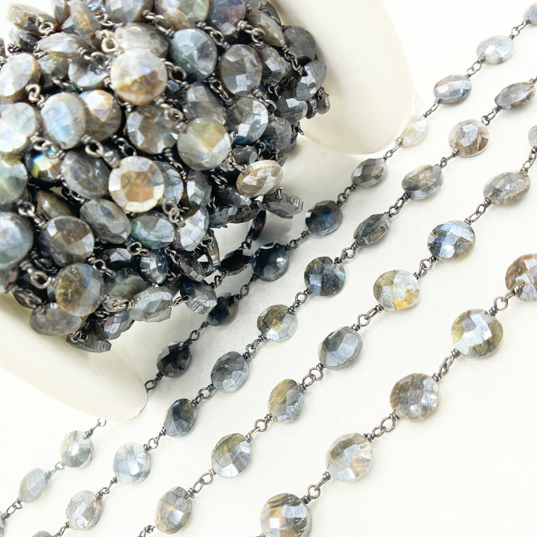 Coated Labradorite Coin Shape Oxidized Wire Chain