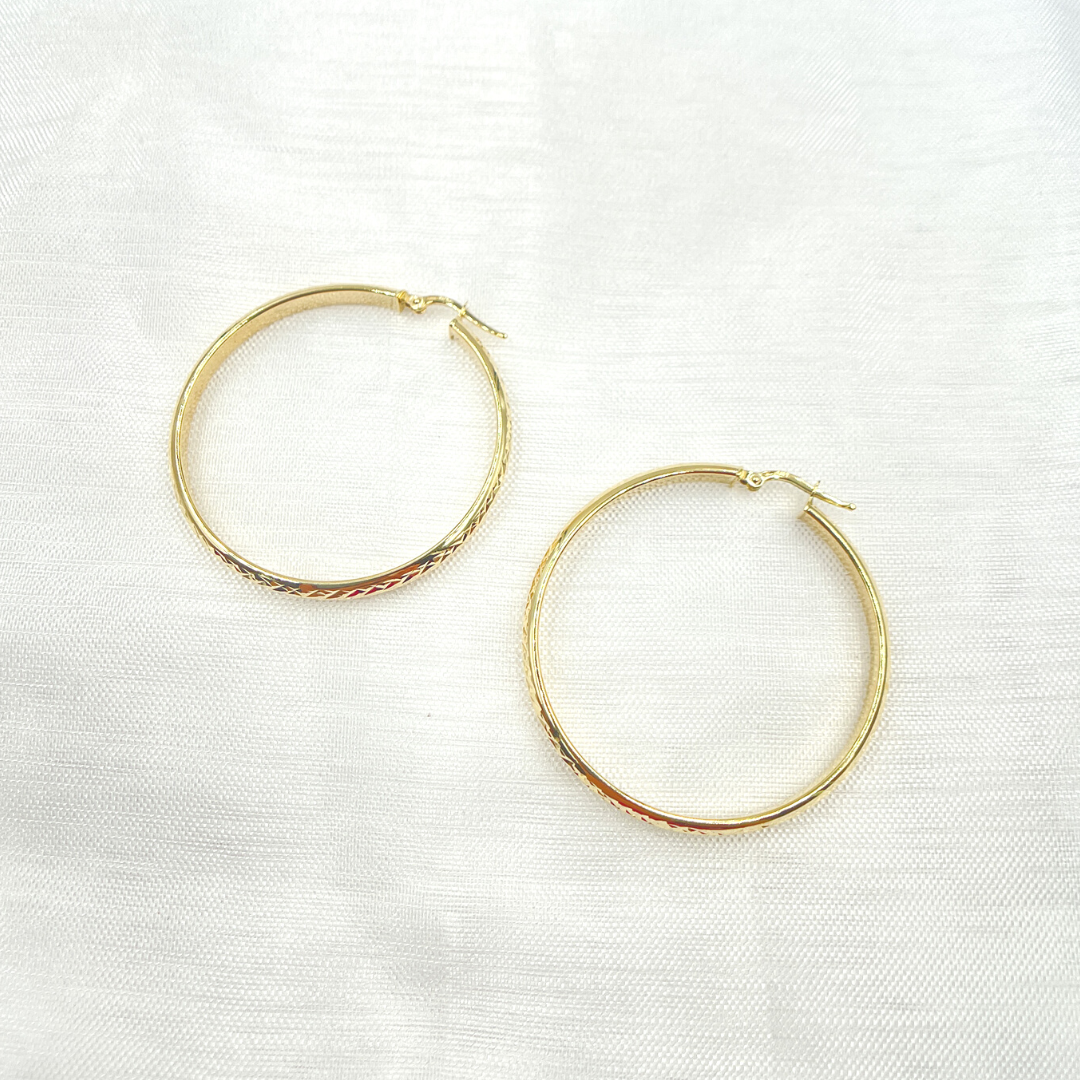 14K Solid Gold Hollow Diamond Cut Hoop