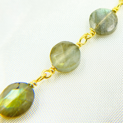Labradorite Coin Shape Gold Plated Wire Chain